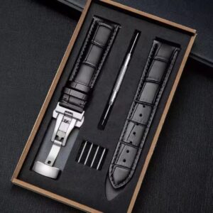 Correa/Malla de Cuero Negro Con Broche Inoxidable Para Reloj 20mm