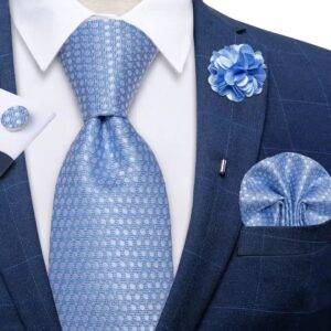Corbata Con Pañuelo, Pinche y Gemelos Celeste