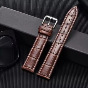 Correa/Malla de Cuero  Para Reloj Marrón 22mm Con Hilo Blanco