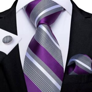 Corbata Con Pañuelo y Gemelos Rayas Lila